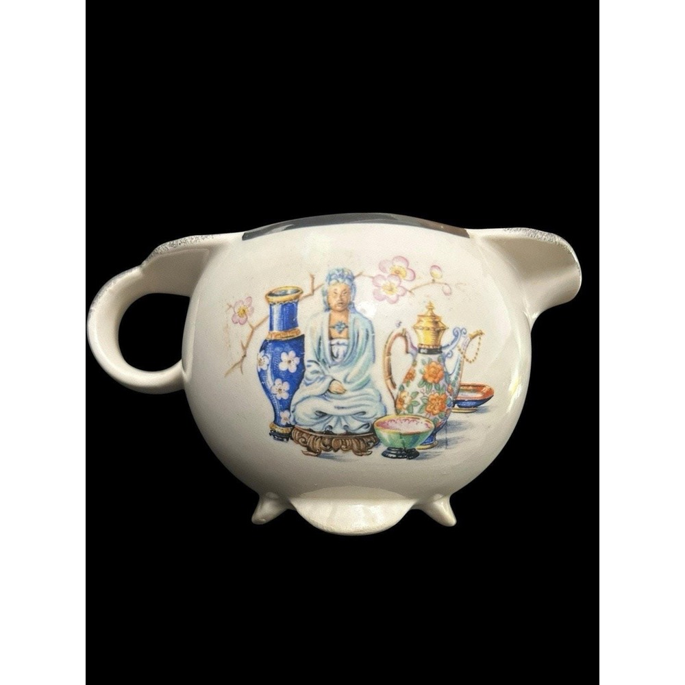 Mid Century Chinoiserie Quan Yin Footed Creamer Pitcher Vintage Asian Decor